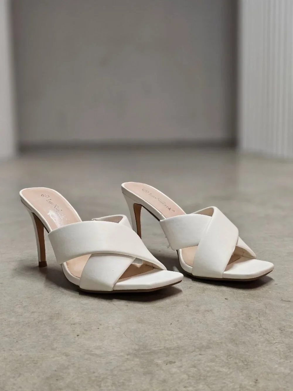 White Cross Strap Stiletto Heel Mules With Square Toe Design For Women